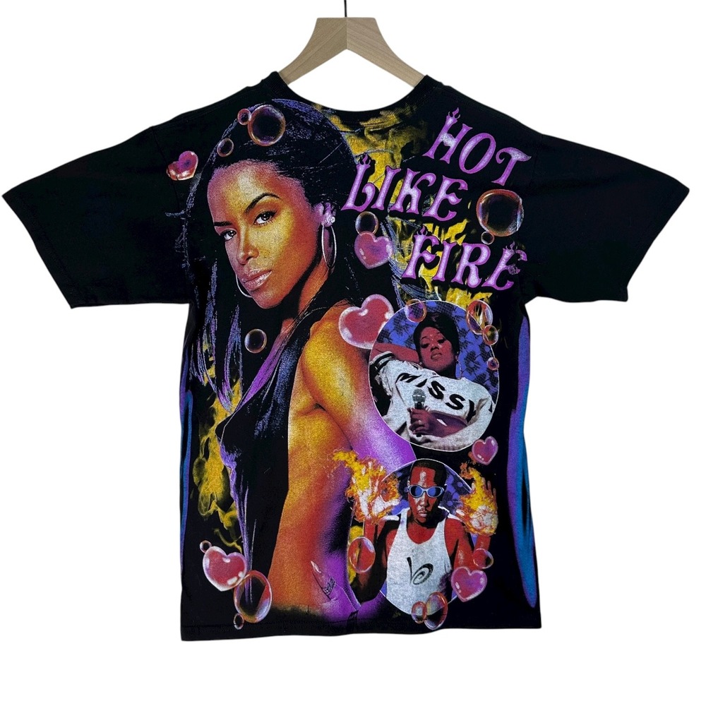 Authentic Backstock Co. Aaliyah "Hot Like Fire" All Over Print 90s R&B Shirt Med - Picture 7 of 13